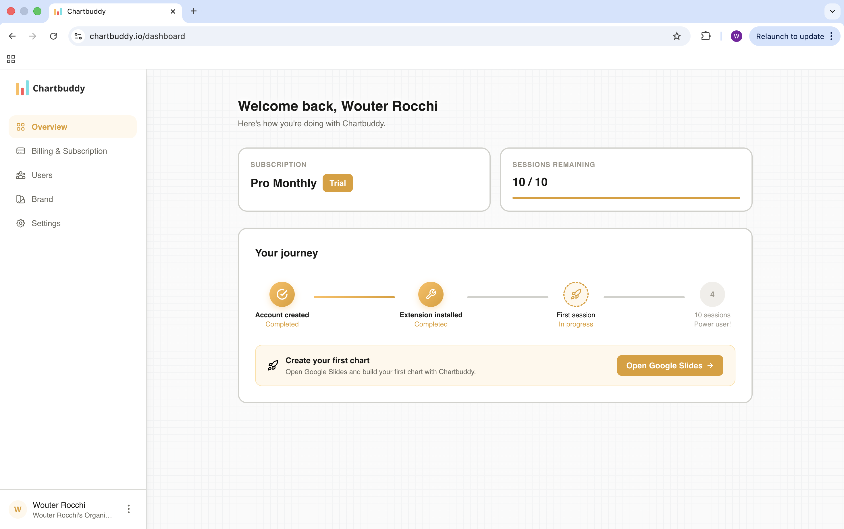 Chartbuddy dashboard after logging in